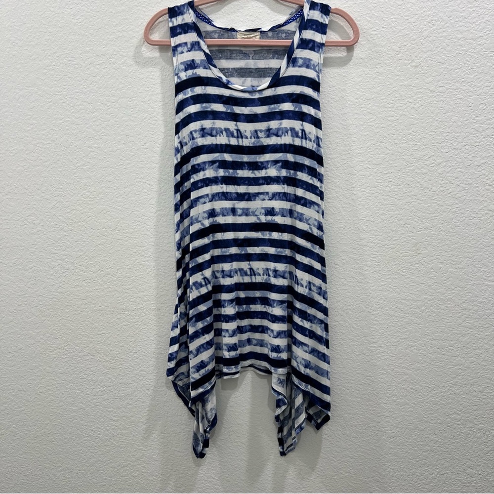 Cupio Long‎ Asymmetric Tank Top Size L Blue and White Stripe Tie Dye